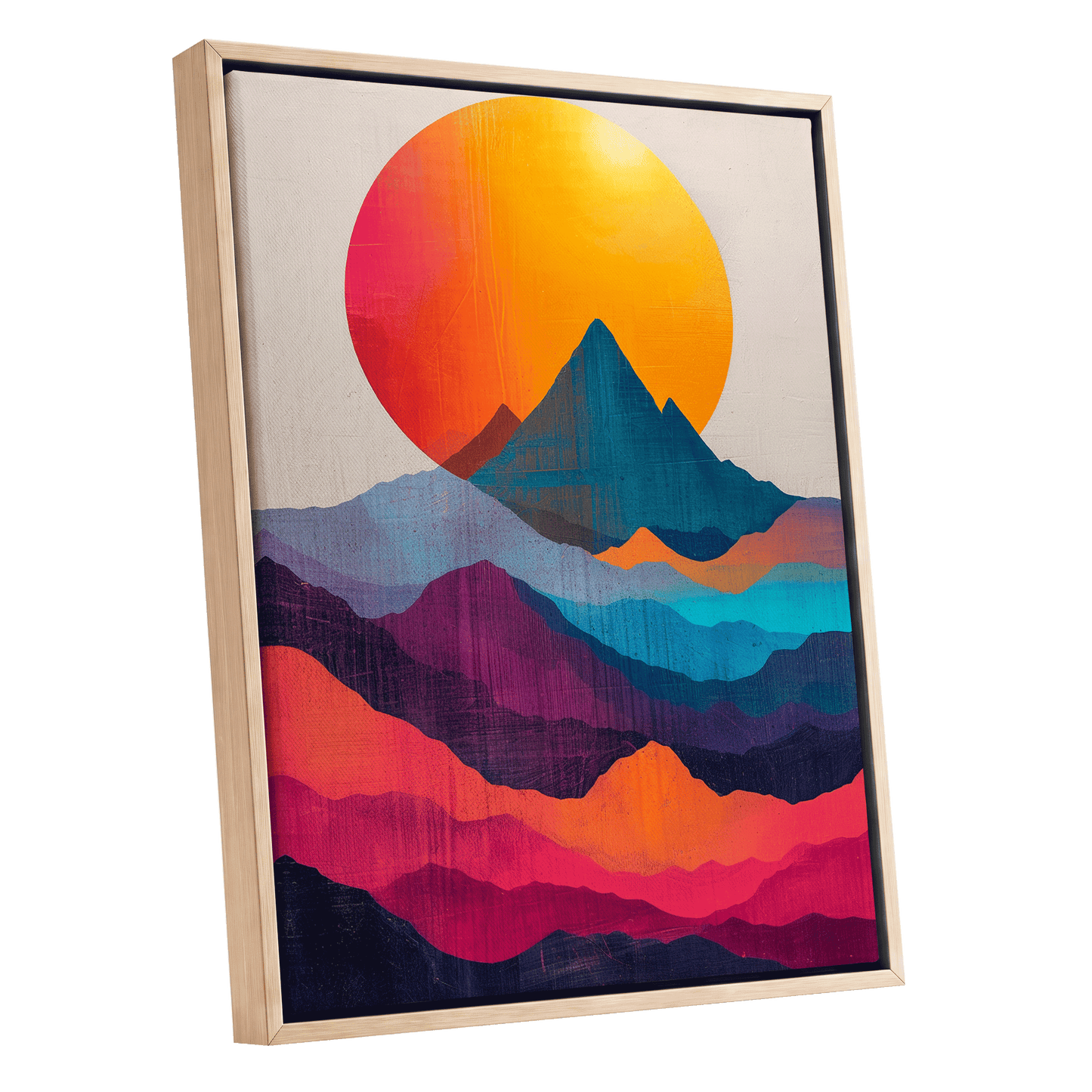 Chromatic Mountain Dawn, orange, blue, pink nature wall art shown as a oak framed canvas wall art