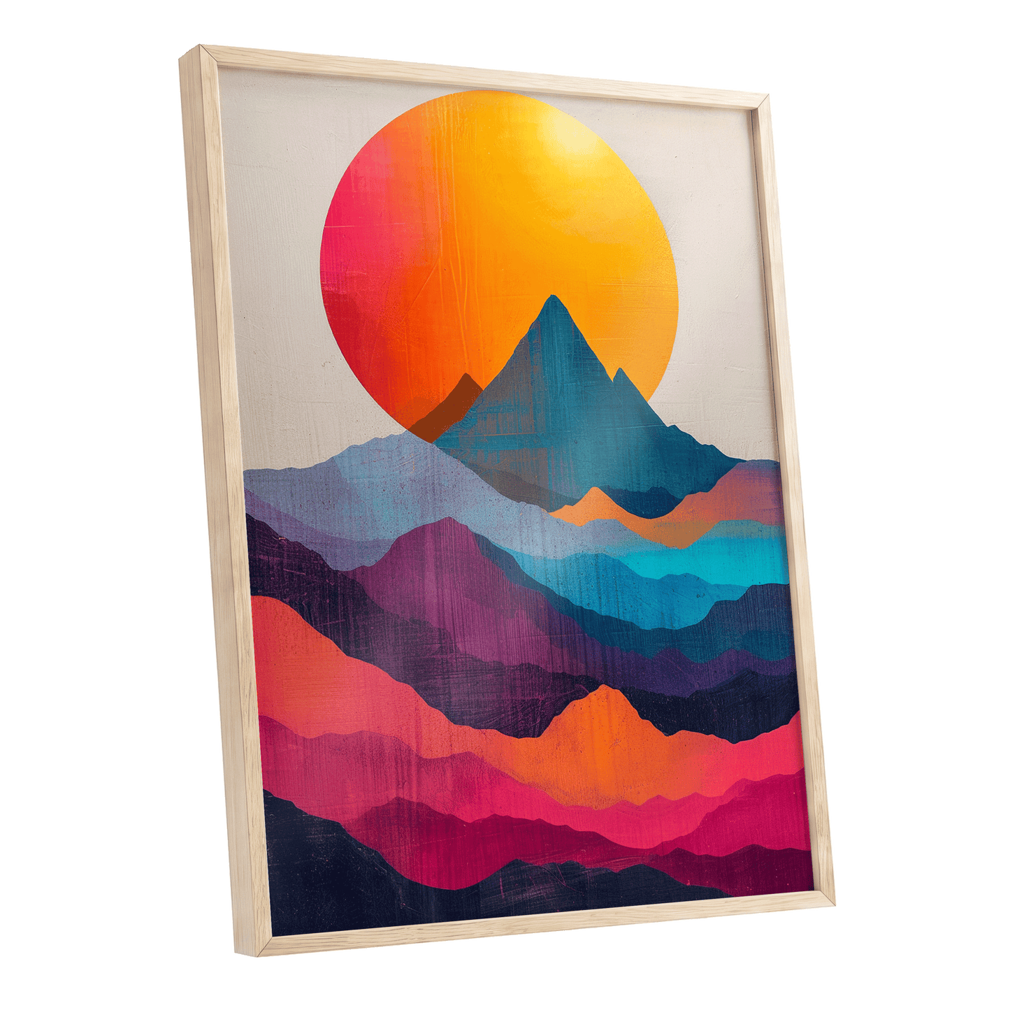 Chromatic Mountain Dawn, orange, blue, pink nature wall art shown as a oak framed poster wall art print