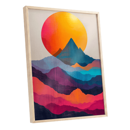 Chromatic Mountain Dawn, orange, blue, pink nature wall art shown as a oak framed poster wall art print