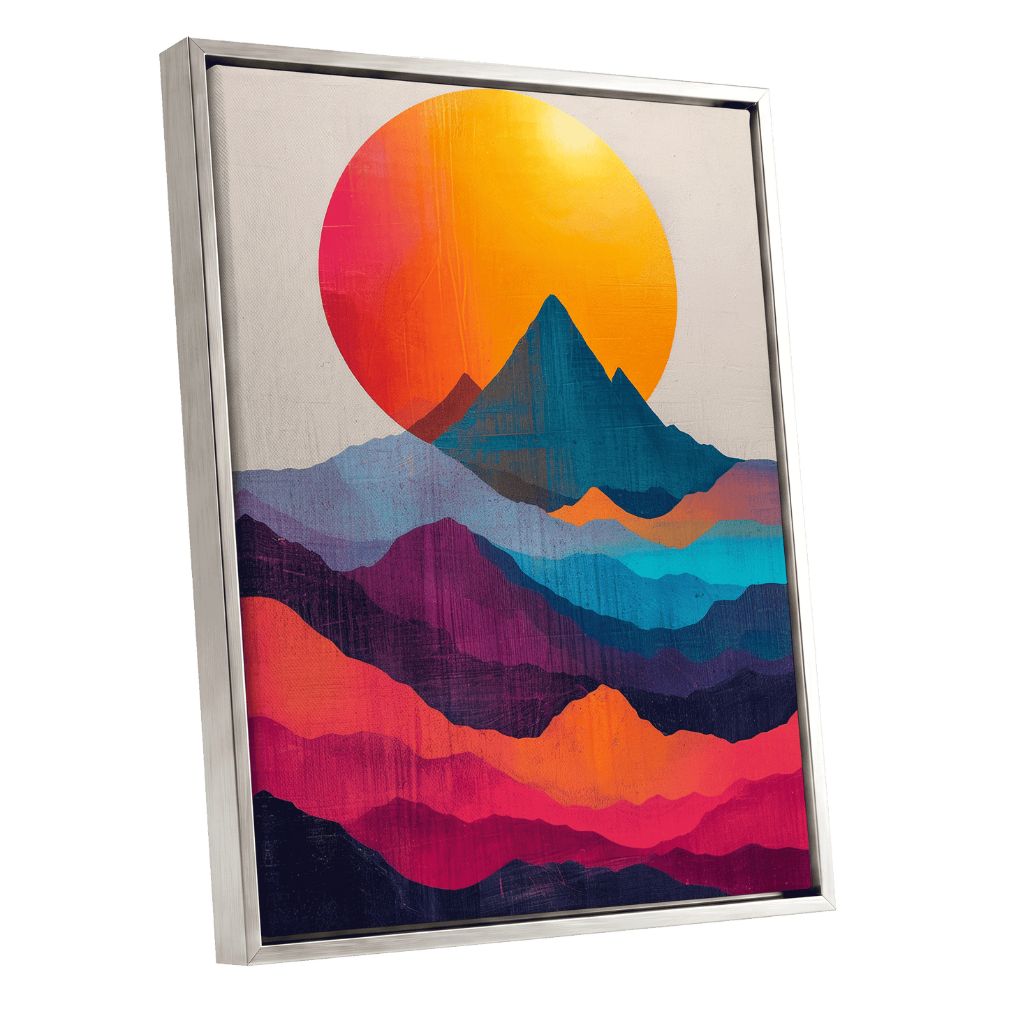 Chromatic Mountain Dawn, orange, blue, pink nature wall art shown as a silver framed canvas wall art