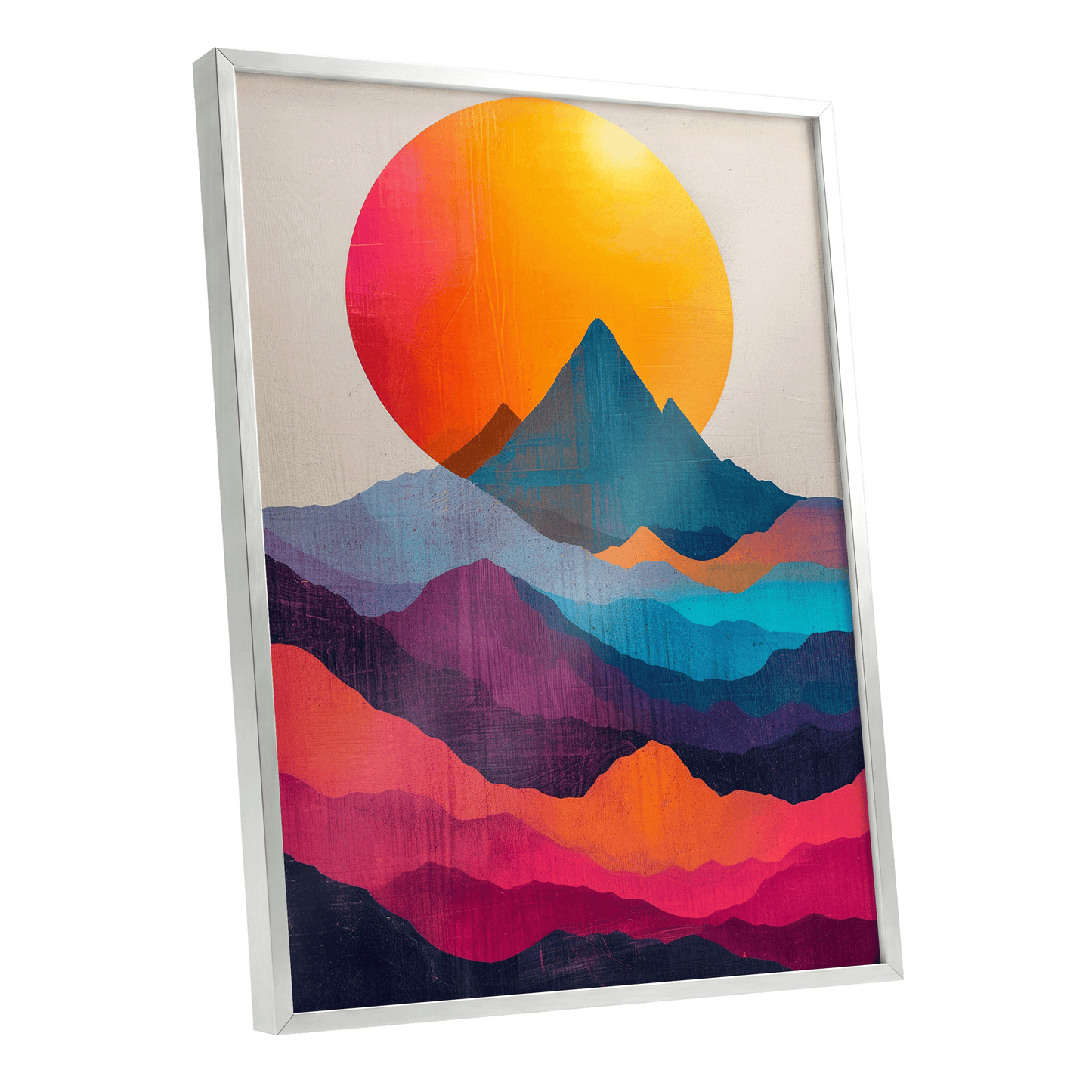 Chromatic Mountain Dawn, orange, blue, pink nature wall art shown as a silver framed poster wall art print