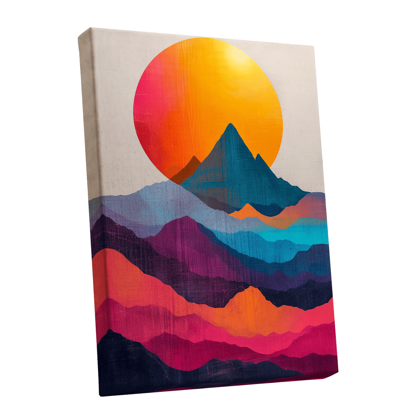 Chromatic Mountain Dawn, orange, blue, pink nature wall art shown as a stretched canvas wall art