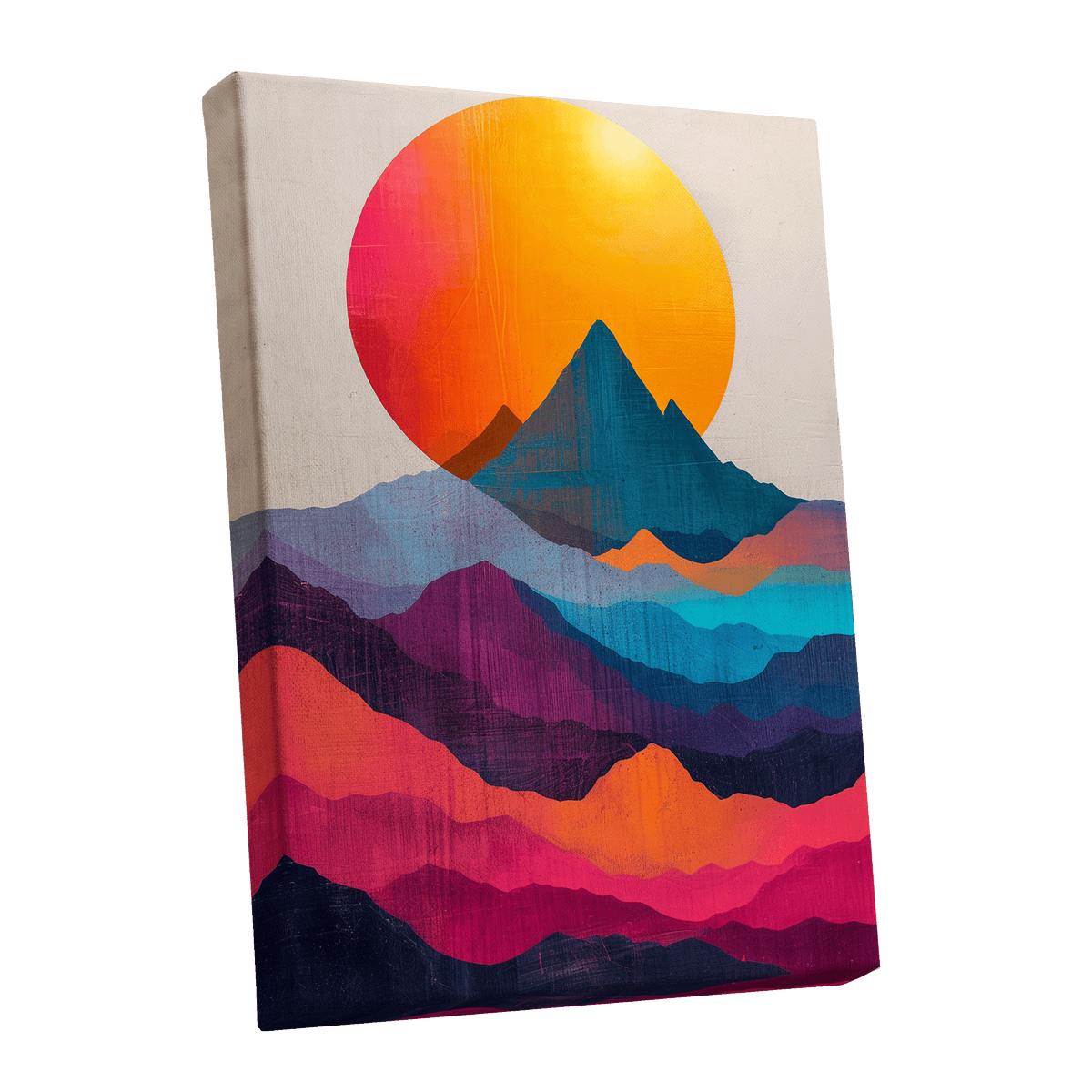 Chromatic Mountain Dawn, orange, blue, pink nature wall art shown as a stretched canvas wall art
