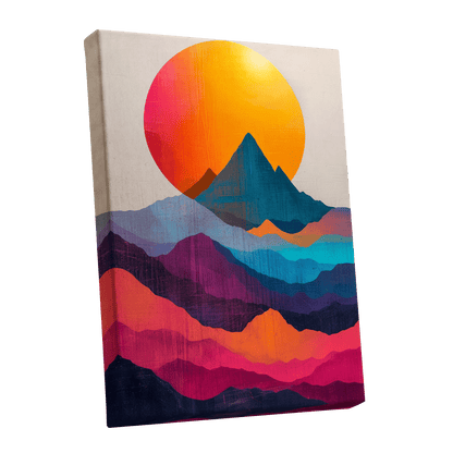 Chromatic Mountain Dawn, orange, blue, pink nature wall art shown as a stretched canvas wall art