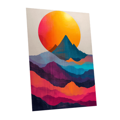 Chromatic Mountain Dawn, orange, blue, pink nature wall art shown as a unframed poster wall art print