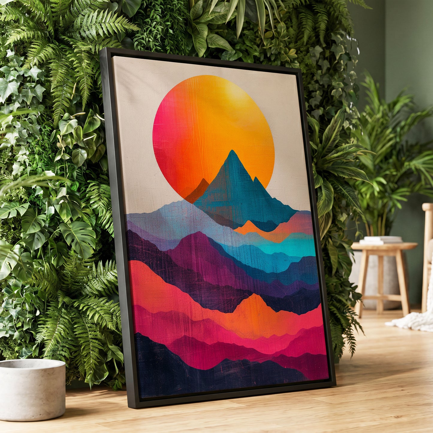 Chromatic Mountain Dawn, orange, blue, pink nature wall art displayed in a styled interior, gallery view 1
