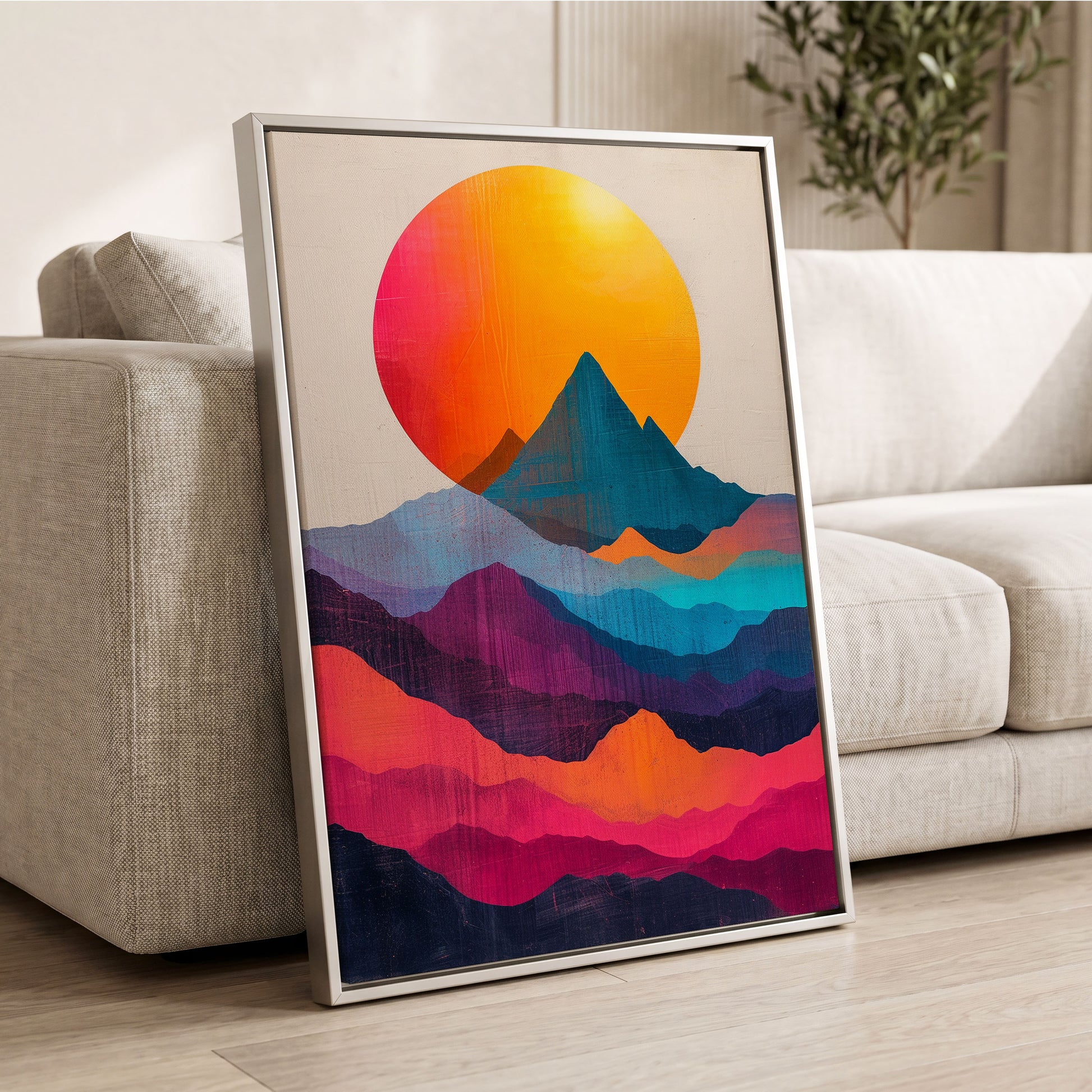 Chromatic Mountain Dawn, orange, blue, pink nature wall art displayed in a styled interior, gallery view 2