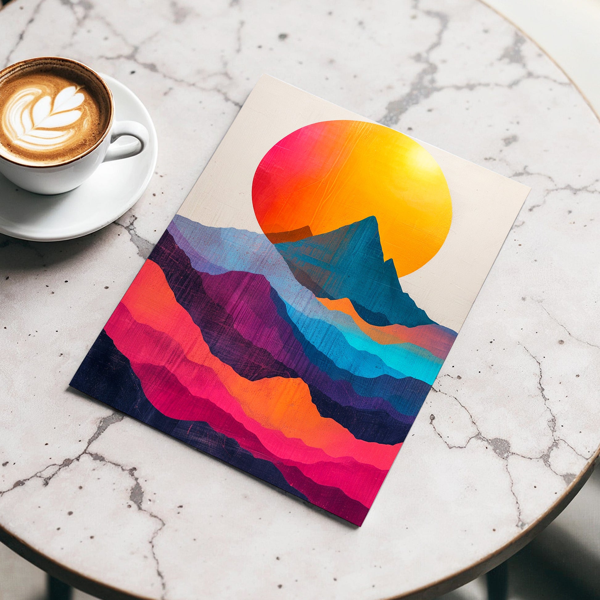 Chromatic Mountain Dawn, orange, blue, pink nature wall art displayed in a styled interior, gallery view 3