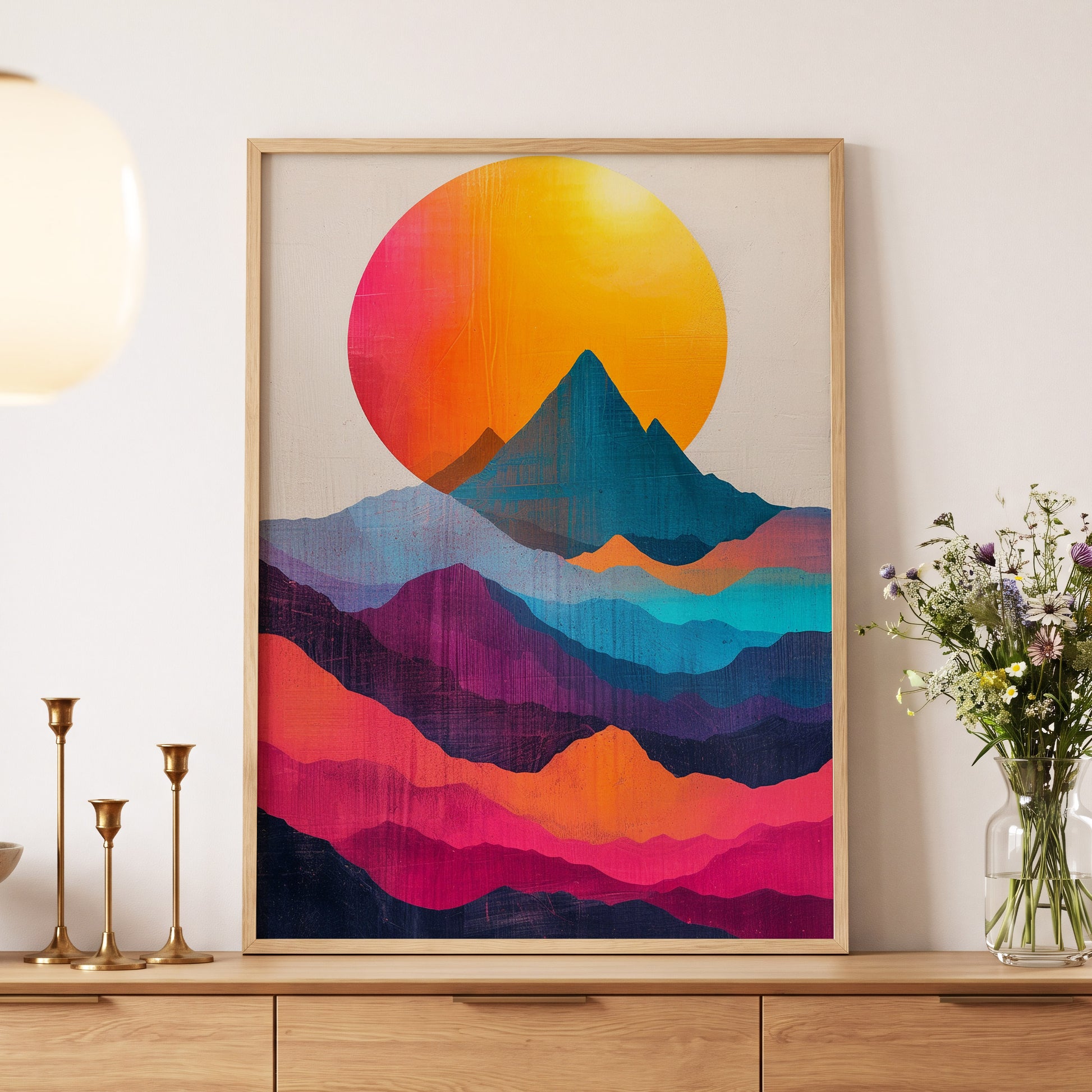 Chromatic Mountain Dawn, orange, blue, pink nature wall art displayed in a styled interior, gallery view 4