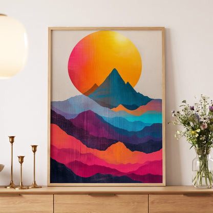 Chromatic Mountain Dawn, orange, blue, pink nature wall art displayed in a styled interior, gallery view 4