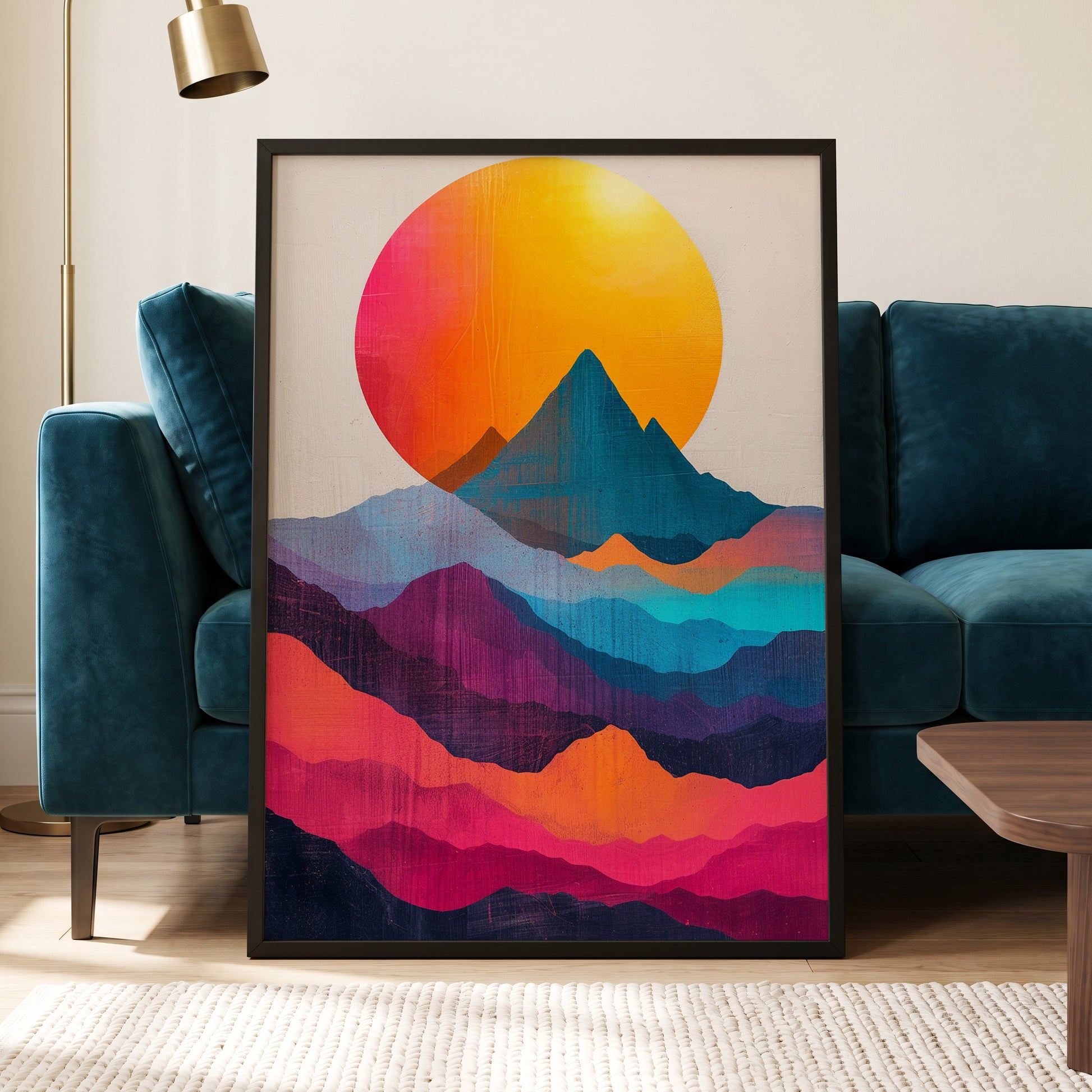 Chromatic Mountain Dawn, orange, blue, pink nature wall art displayed in a styled interior, gallery view 5