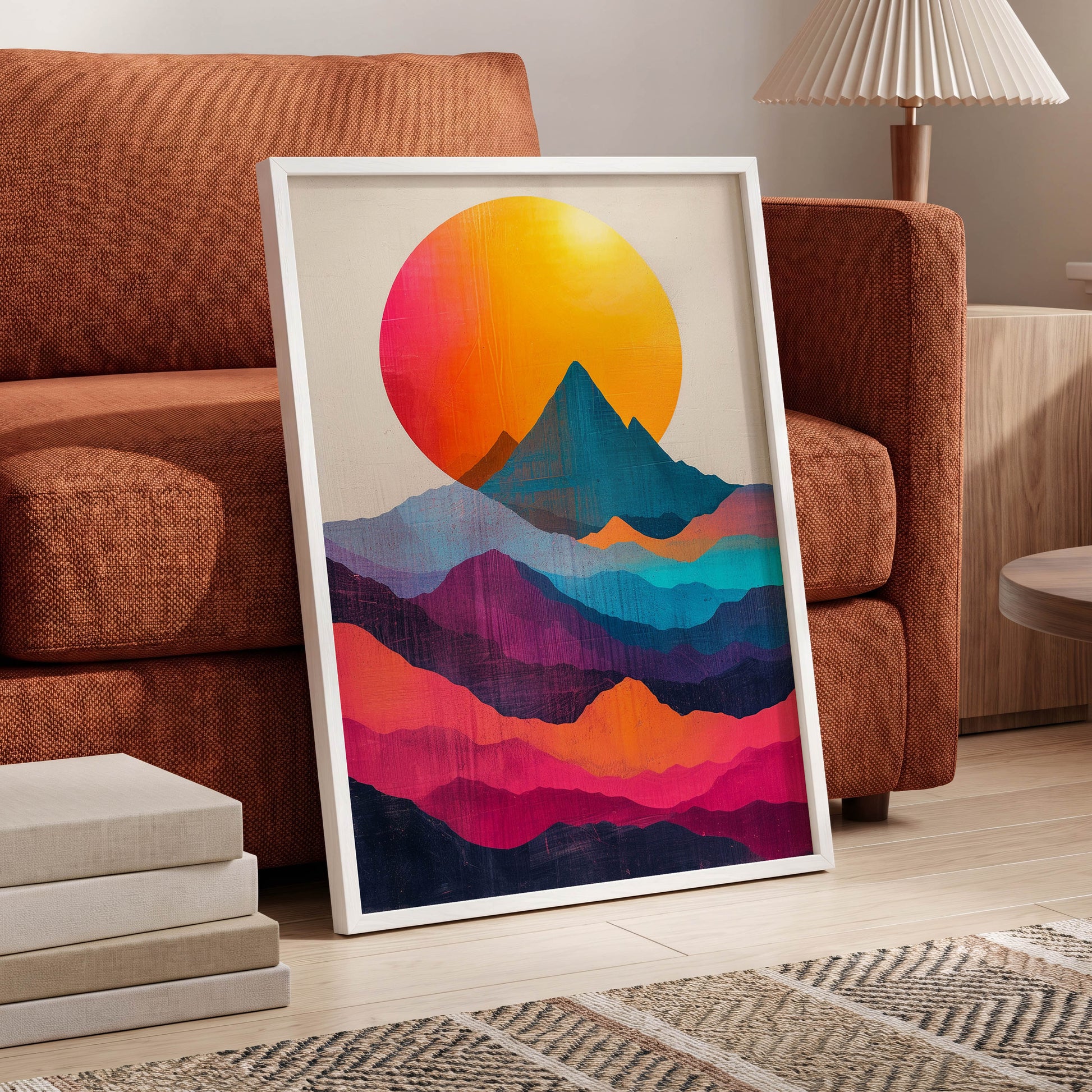 Chromatic Mountain Dawn, orange, blue, pink nature wall art displayed in a styled interior, gallery view 6