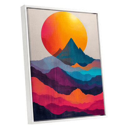 Chromatic Mountain Dawn, orange, blue, pink nature wall art shown as a white framed canvas wall art