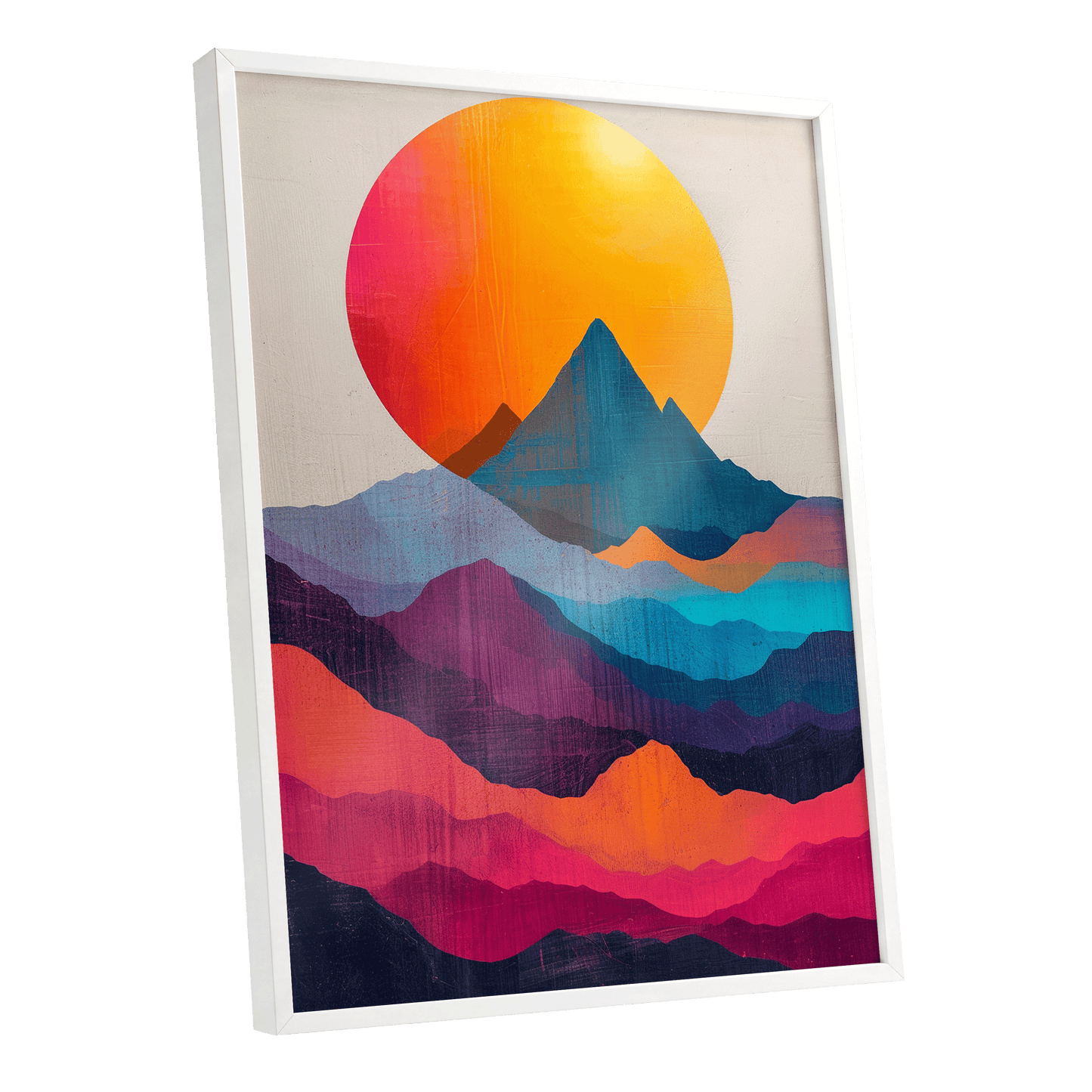 Chromatic Mountain Dawn, orange, blue, pink nature wall art shown as a white framed poster wall art print