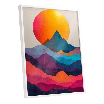 Chromatic Mountain Dawn, orange, blue, pink nature wall art shown as a white framed poster wall art print