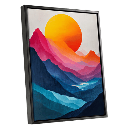 Chromatic Mountain Sun, blue, pink, orange nature wall art shown as a black framed canvas wall art