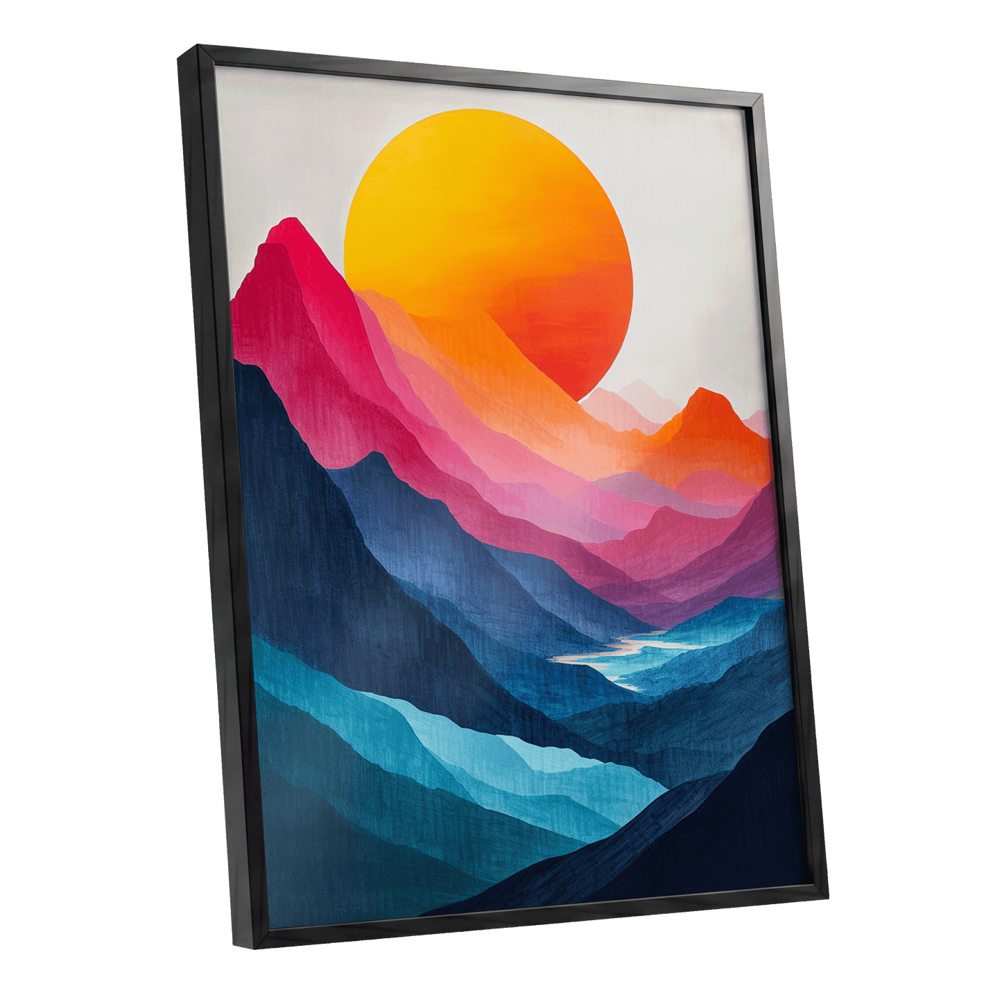 Chromatic Mountain Sun, blue, pink, orange nature wall art shown as a black framed poster wall art print
