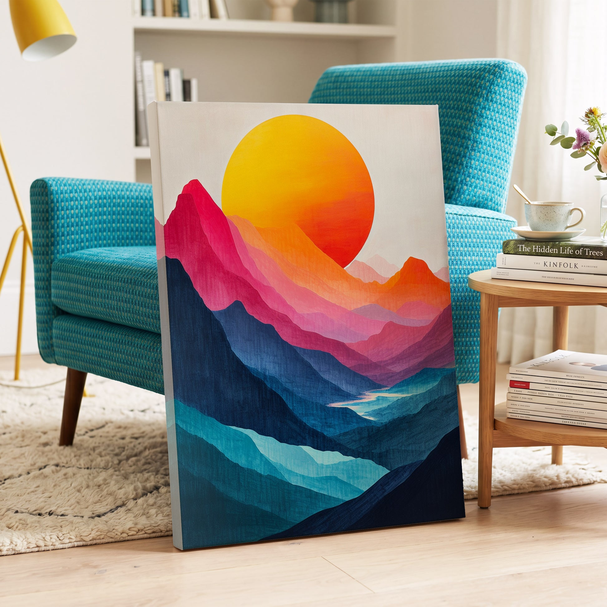 Chromatic Mountain Sun, blue, pink, orange nature wall art on canvas displayed in a styled interior, gallery view 1