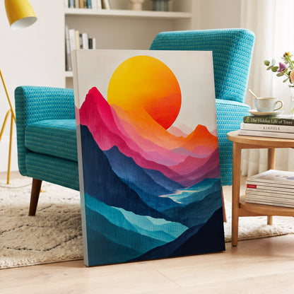 Chromatic Mountain Sun, blue, pink, orange nature wall art on canvas displayed in a styled interior, gallery view 1