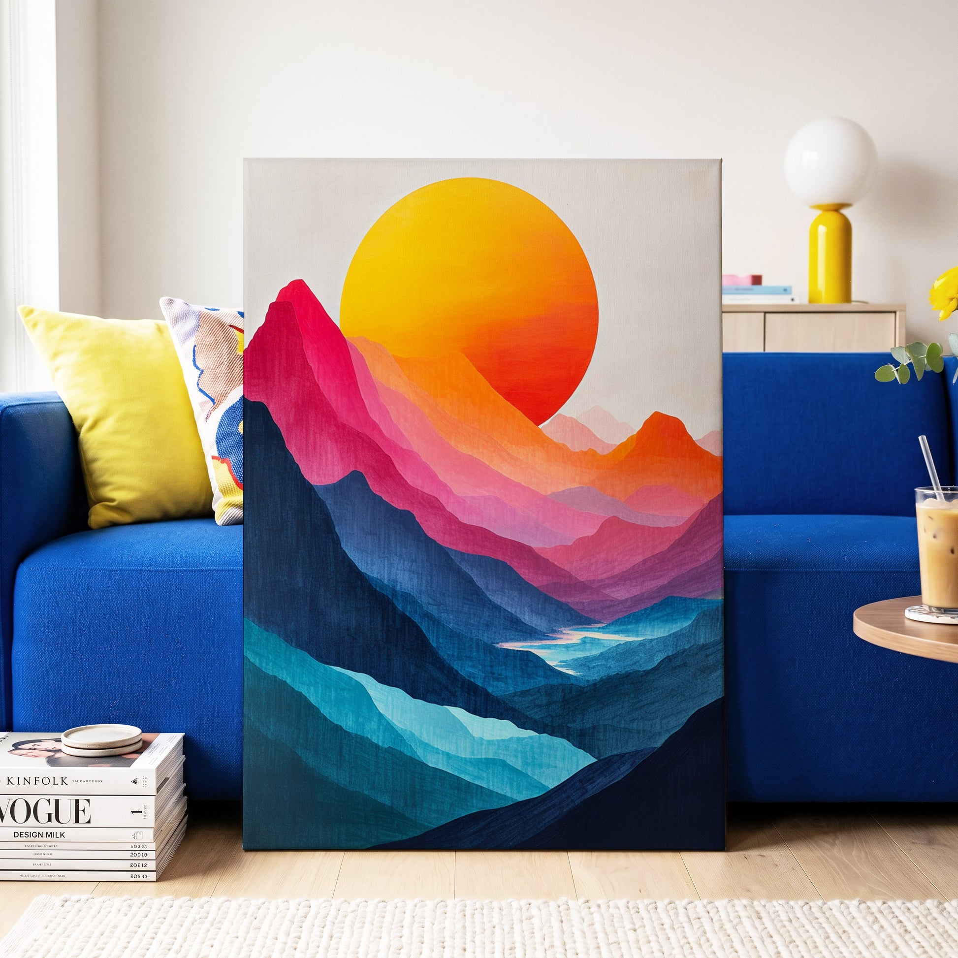 Chromatic Mountain Sun, blue, pink, orange nature wall art on canvas displayed in a styled interior, gallery view 2