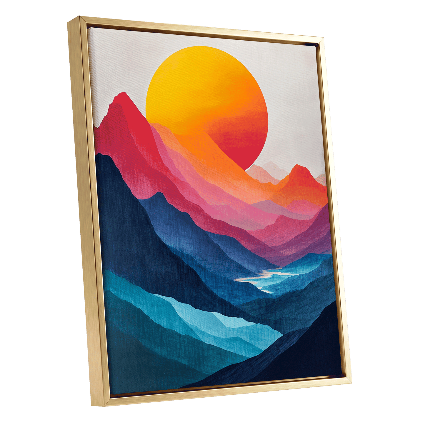 Chromatic Mountain Sun, blue, pink, orange nature wall art shown as a gold framed canvas wall art