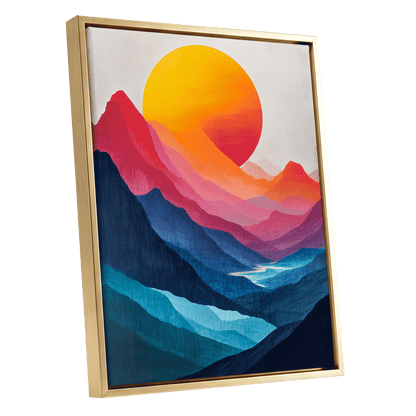 Chromatic Mountain Sun, blue, pink, orange nature wall art shown as a gold framed canvas wall art