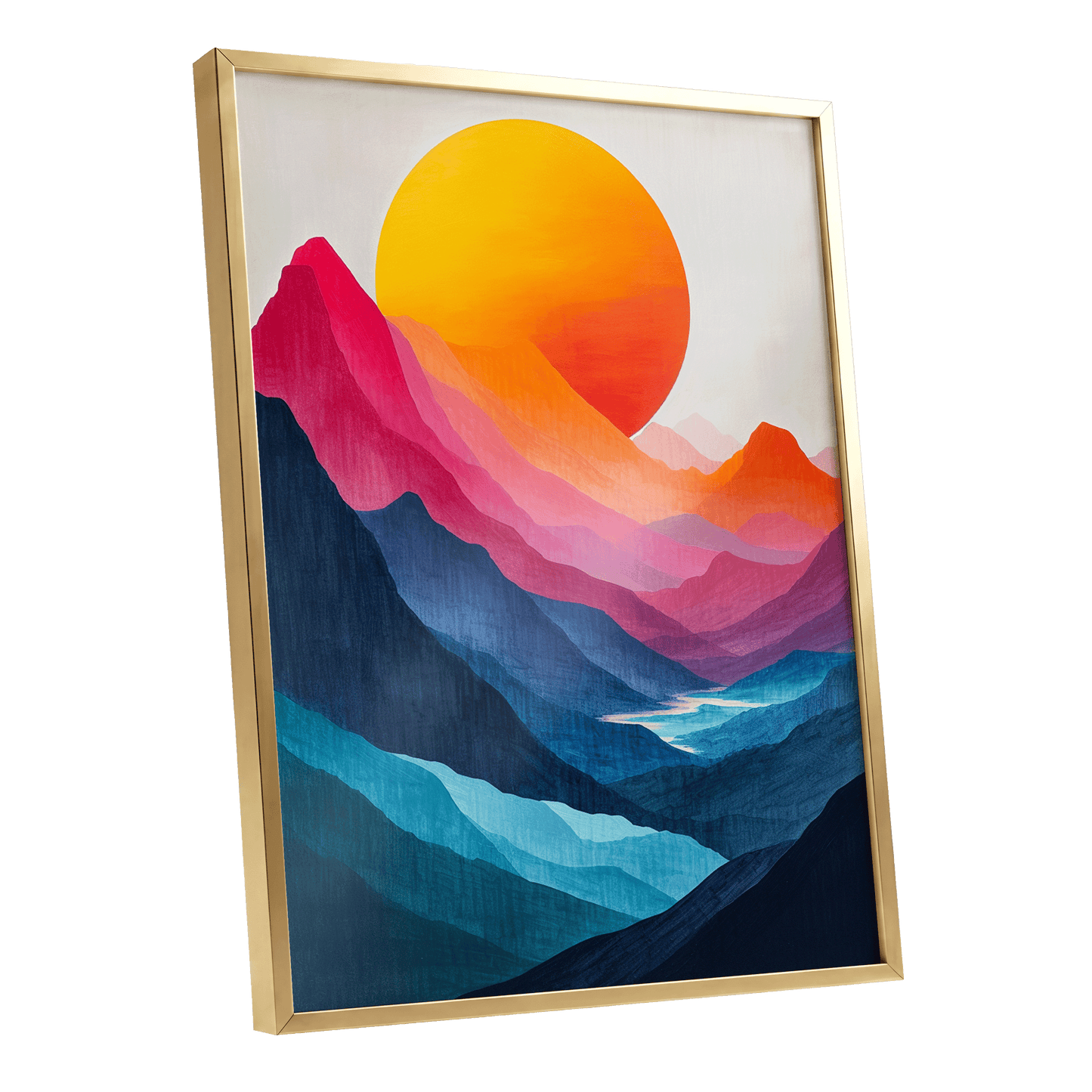 Chromatic Mountain Sun, blue, pink, orange nature wall art shown as a gold framed poster wall art print
