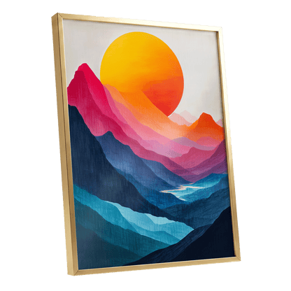 Chromatic Mountain Sun, blue, pink, orange nature wall art shown as a gold framed poster wall art print