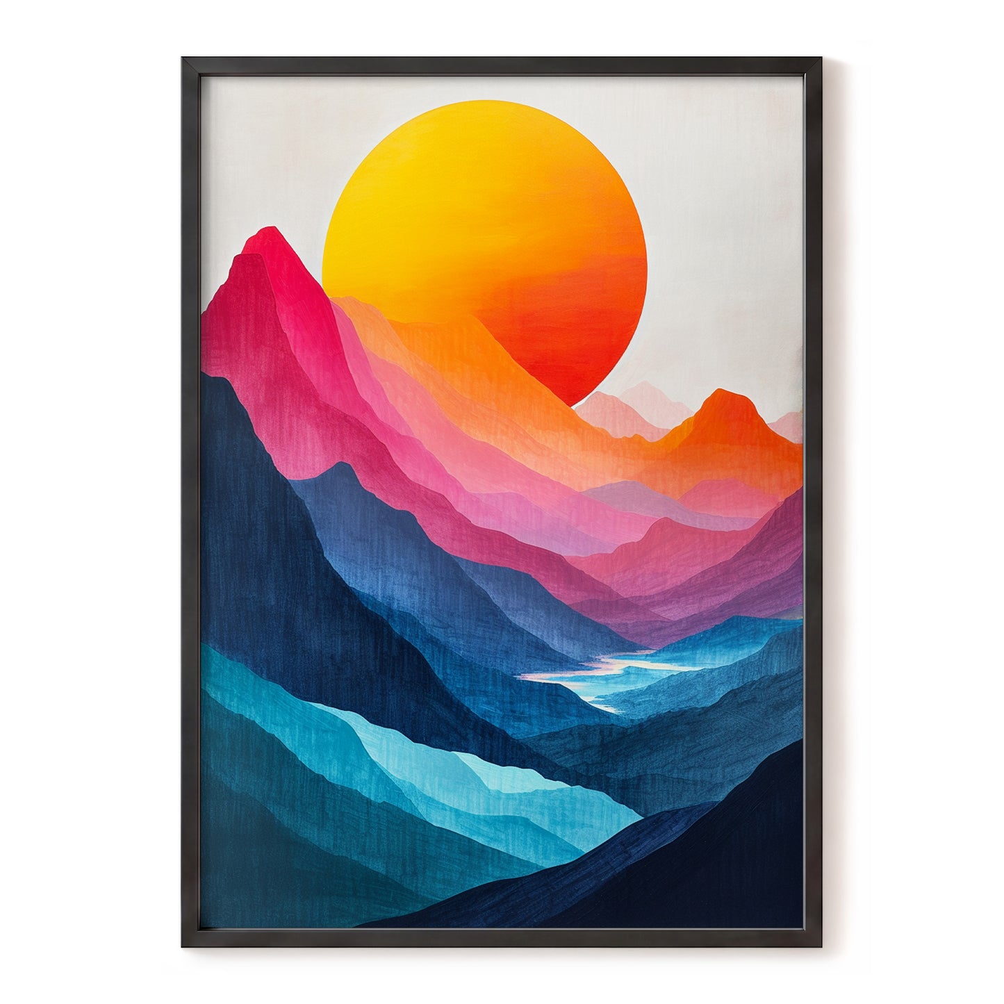 Chromatic Mountain Sun, blue, pink, orange nature wall art, front artwork view