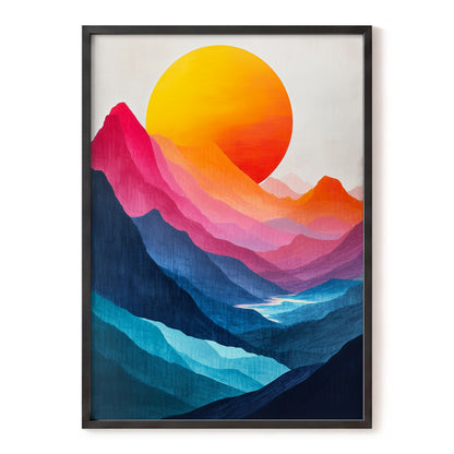Chromatic Mountain Sun, blue, pink, orange nature wall art, front artwork view