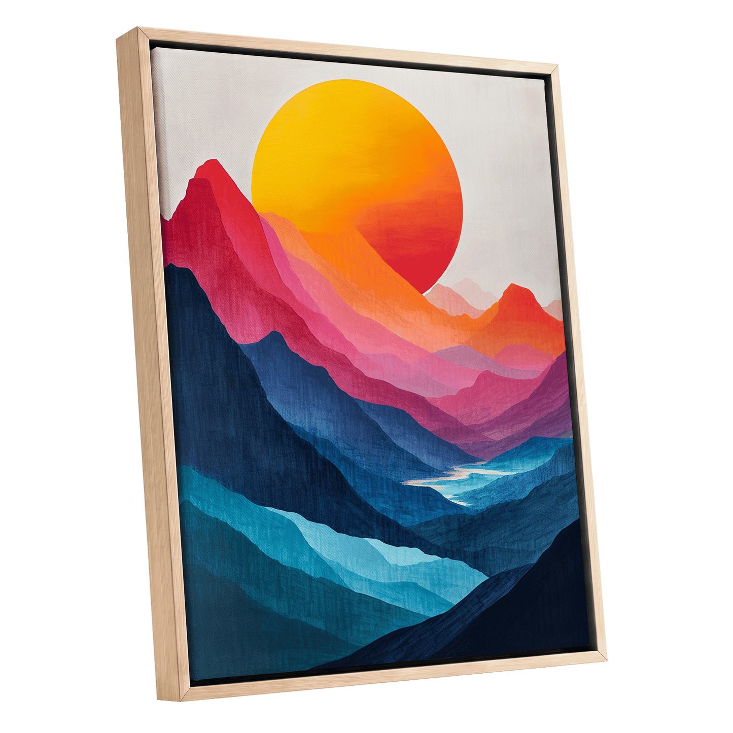 Chromatic Mountain Sun, blue, pink, orange nature wall art shown as a oak framed canvas wall art