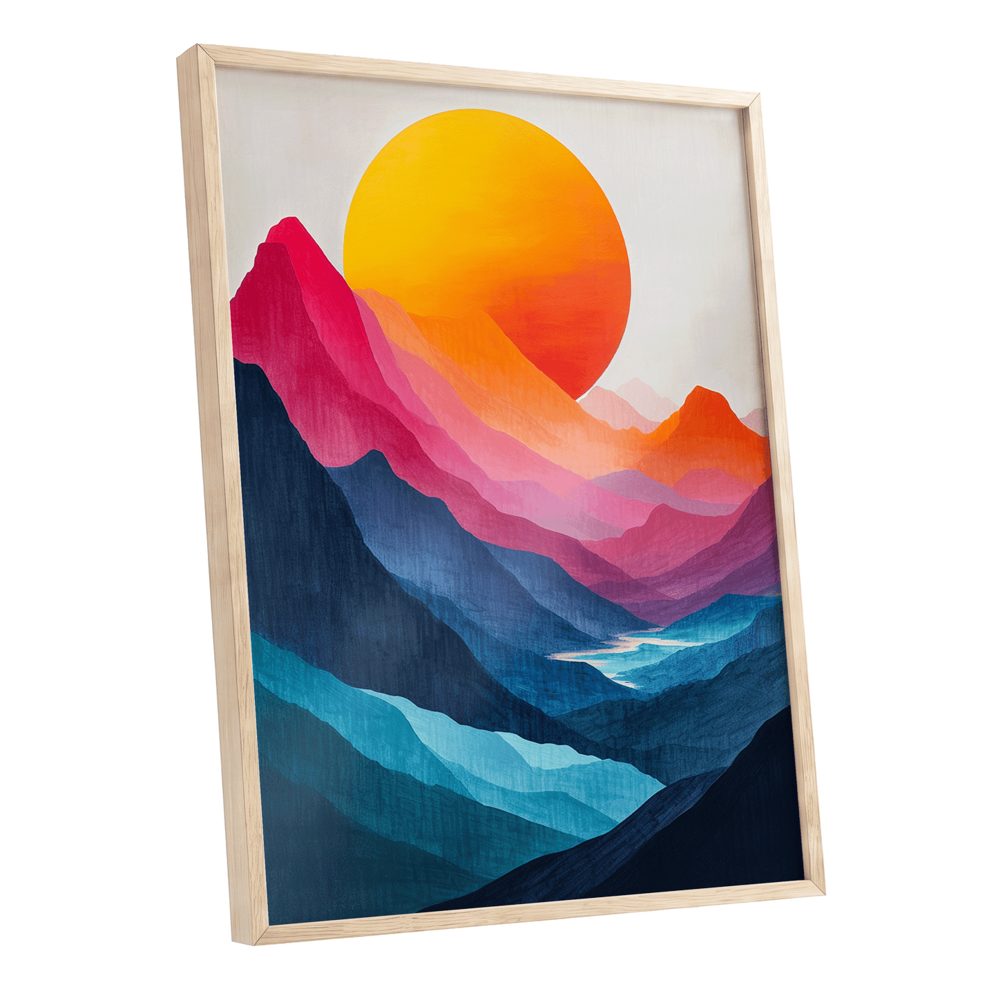 Chromatic Mountain Sun, blue, pink, orange nature wall art shown as a oak framed poster wall art print