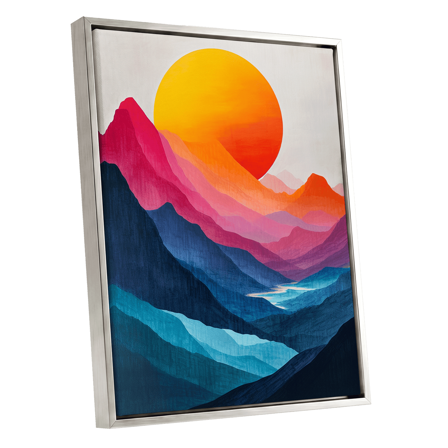 Chromatic Mountain Sun, blue, pink, orange nature wall art shown as a silver framed canvas wall art