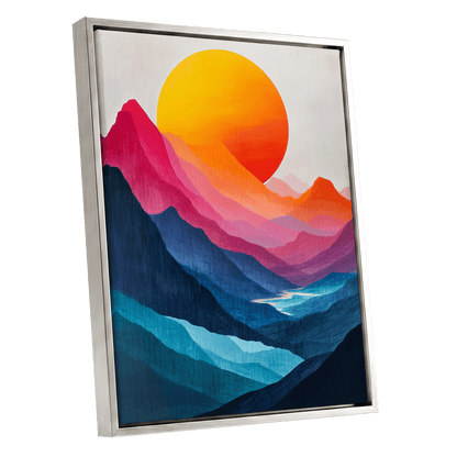 Chromatic Mountain Sun, blue, pink, orange nature wall art shown as a silver framed canvas wall art