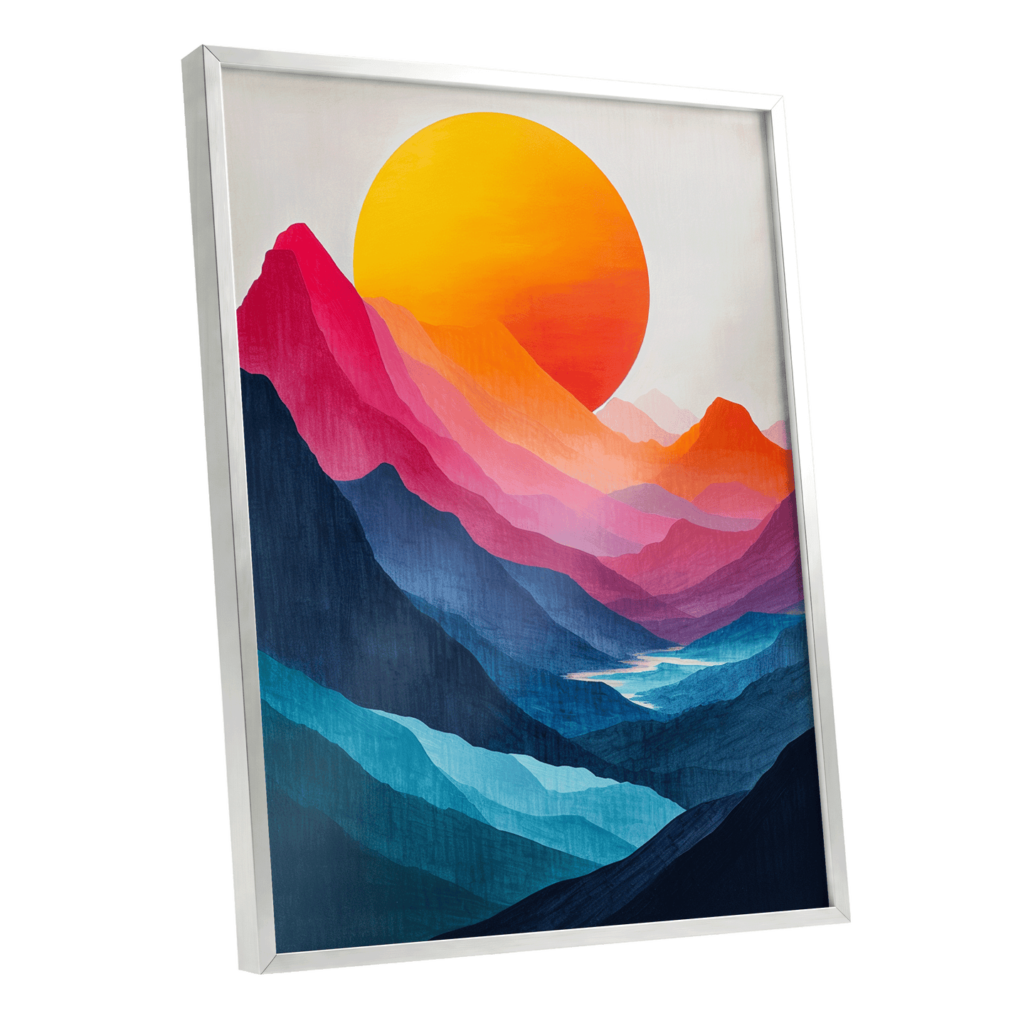 Chromatic Mountain Sun, blue, pink, orange nature wall art shown as a silver framed poster wall art print