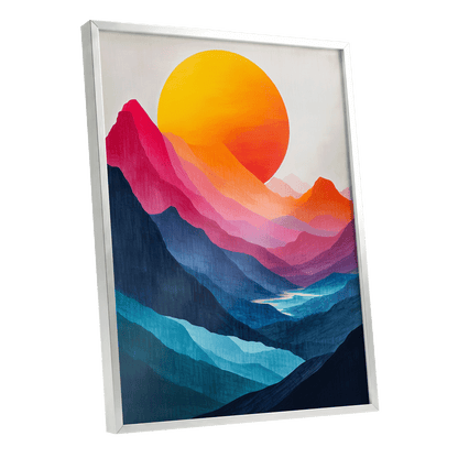 Chromatic Mountain Sun, blue, pink, orange nature wall art shown as a silver framed poster wall art print