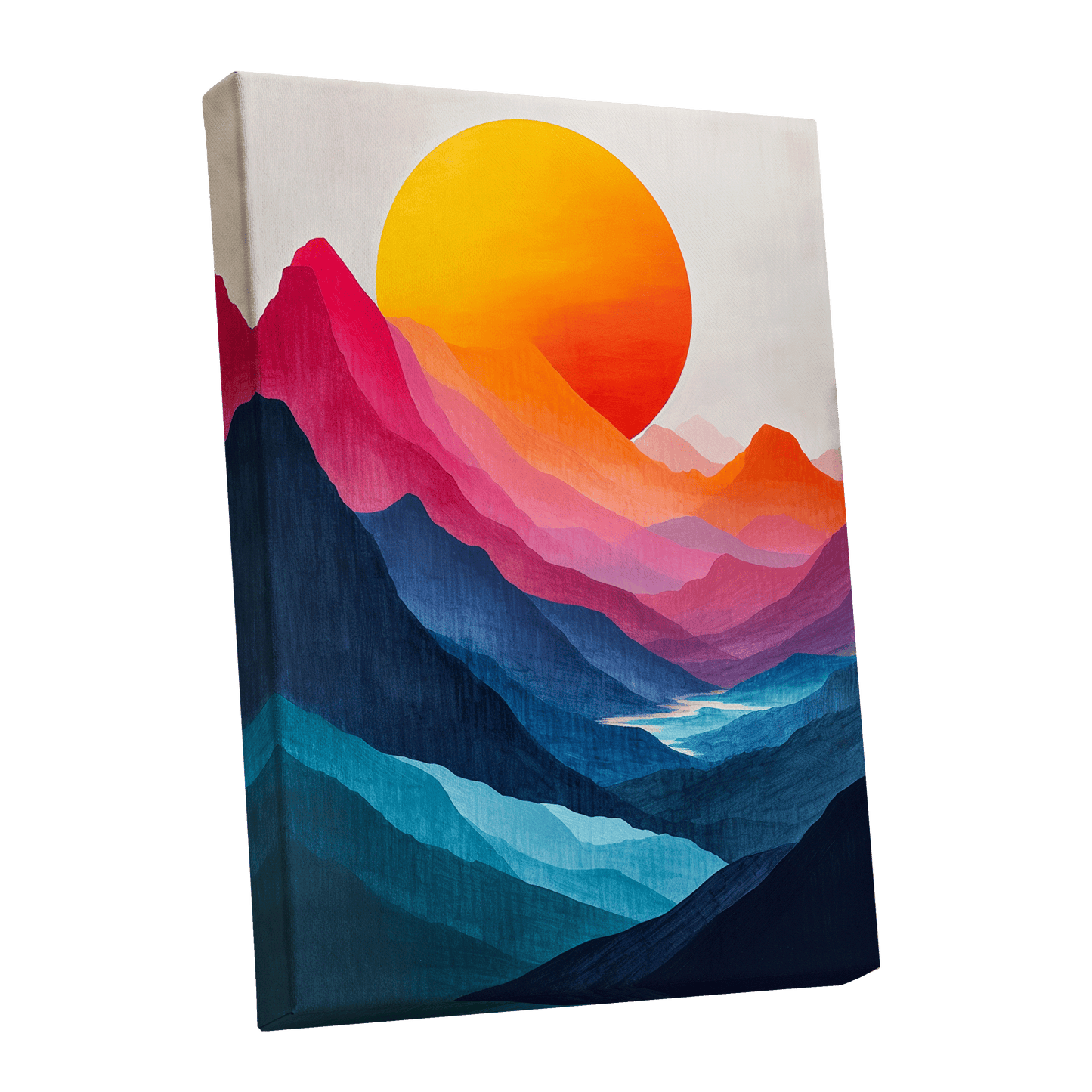 Chromatic Mountain Sun, blue, pink, orange nature wall art shown as a stretched canvas wall art