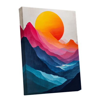 Chromatic Mountain Sun, blue, pink, orange nature wall art shown as a stretched canvas wall art