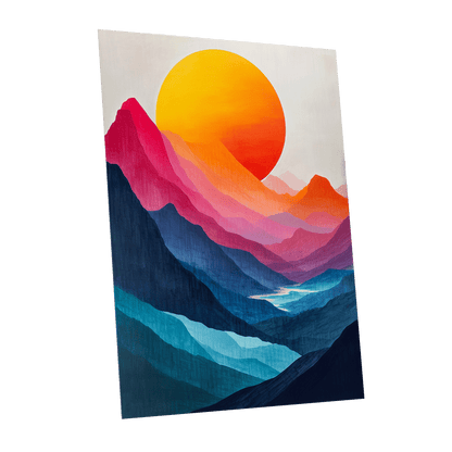 Chromatic Mountain Sun, blue, pink, orange nature wall art shown as a unframed poster wall art print