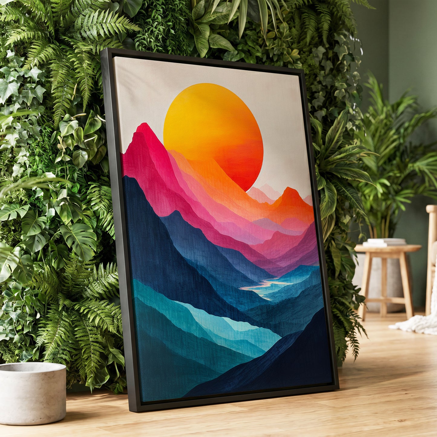Chromatic Mountain Sun, blue, pink, orange nature wall art displayed in a styled interior, gallery view 1