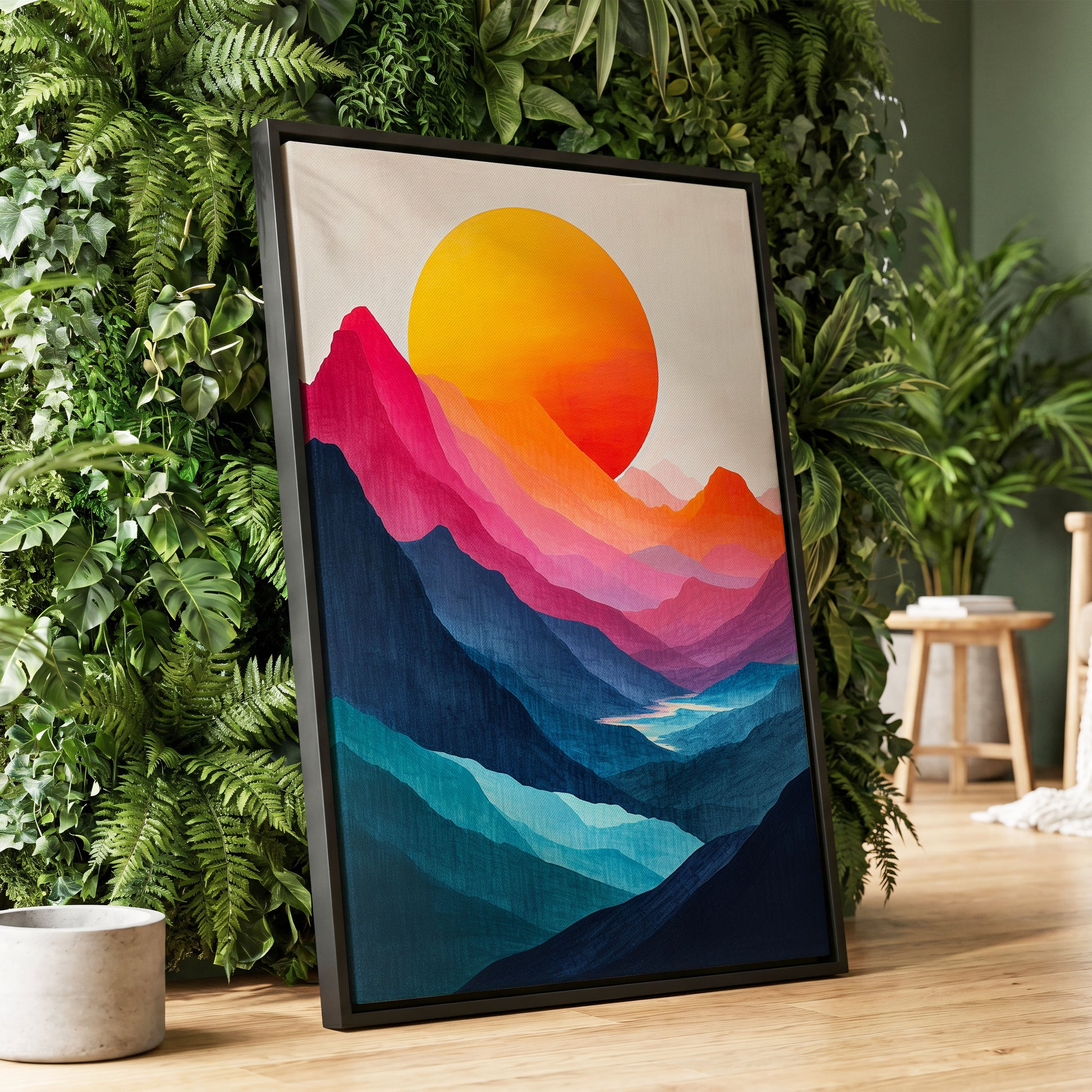 Chromatic Mountain Sun, blue, pink, orange nature wall art displayed in a styled interior, gallery view 1