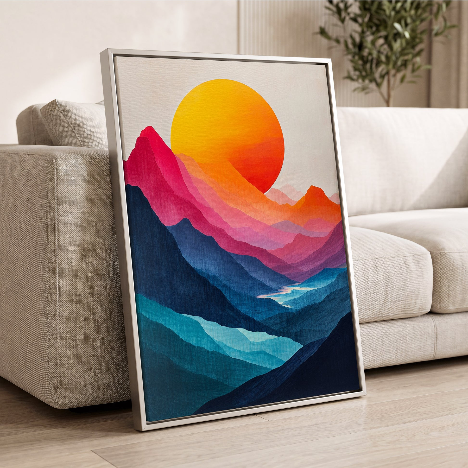 Chromatic Mountain Sun, blue, pink, orange nature wall art displayed in a styled interior, gallery view 2