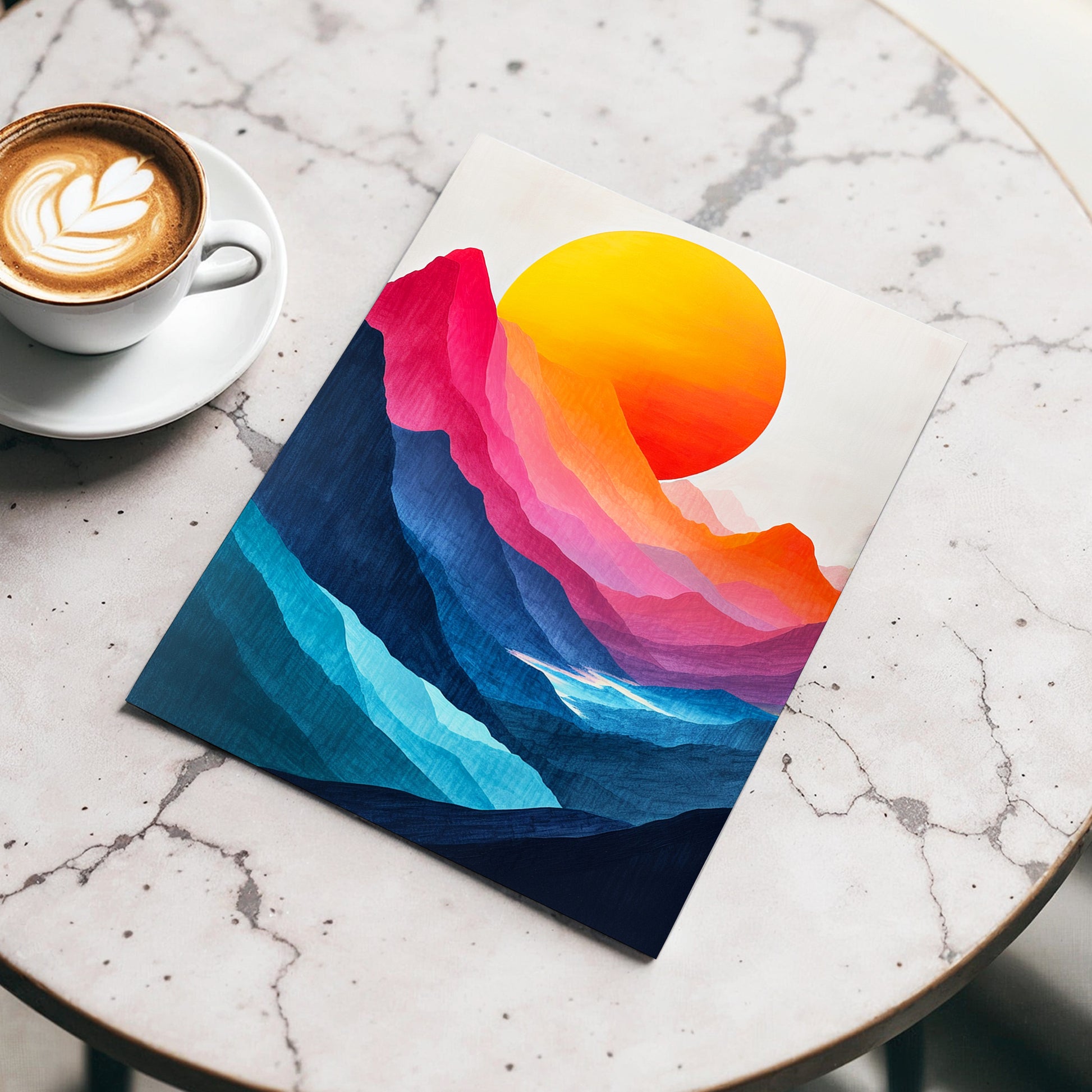 Chromatic Mountain Sun, blue, pink, orange nature wall art displayed in a styled interior, gallery view 3