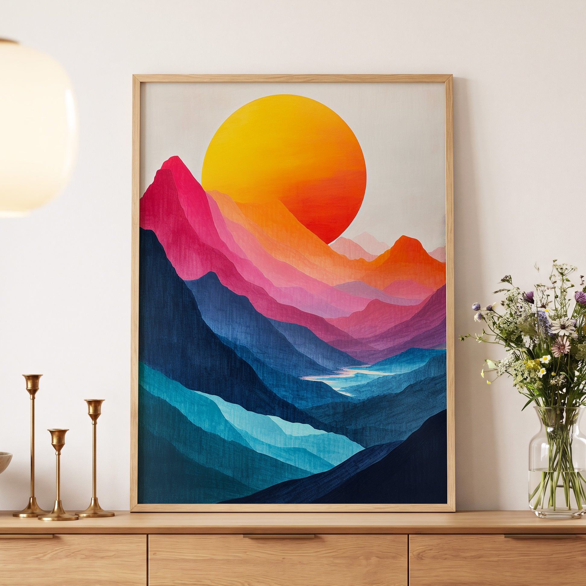 Chromatic Mountain Sun, blue, pink, orange nature wall art displayed in a styled interior, gallery view 4