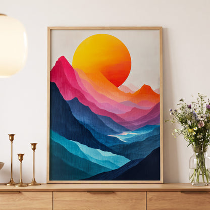 Chromatic Mountain Sun, blue, pink, orange nature wall art displayed in a styled interior, gallery view 4