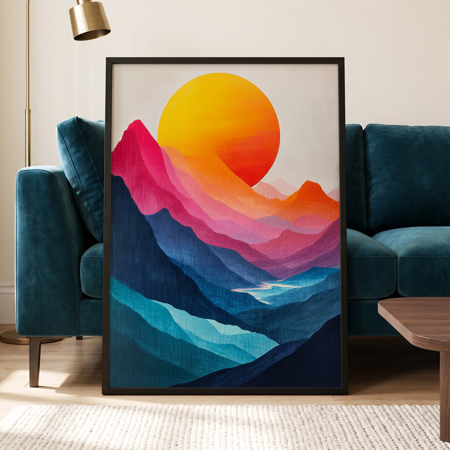 Chromatic Mountain Sun, blue, pink, orange nature wall art displayed in a styled interior, gallery view 5