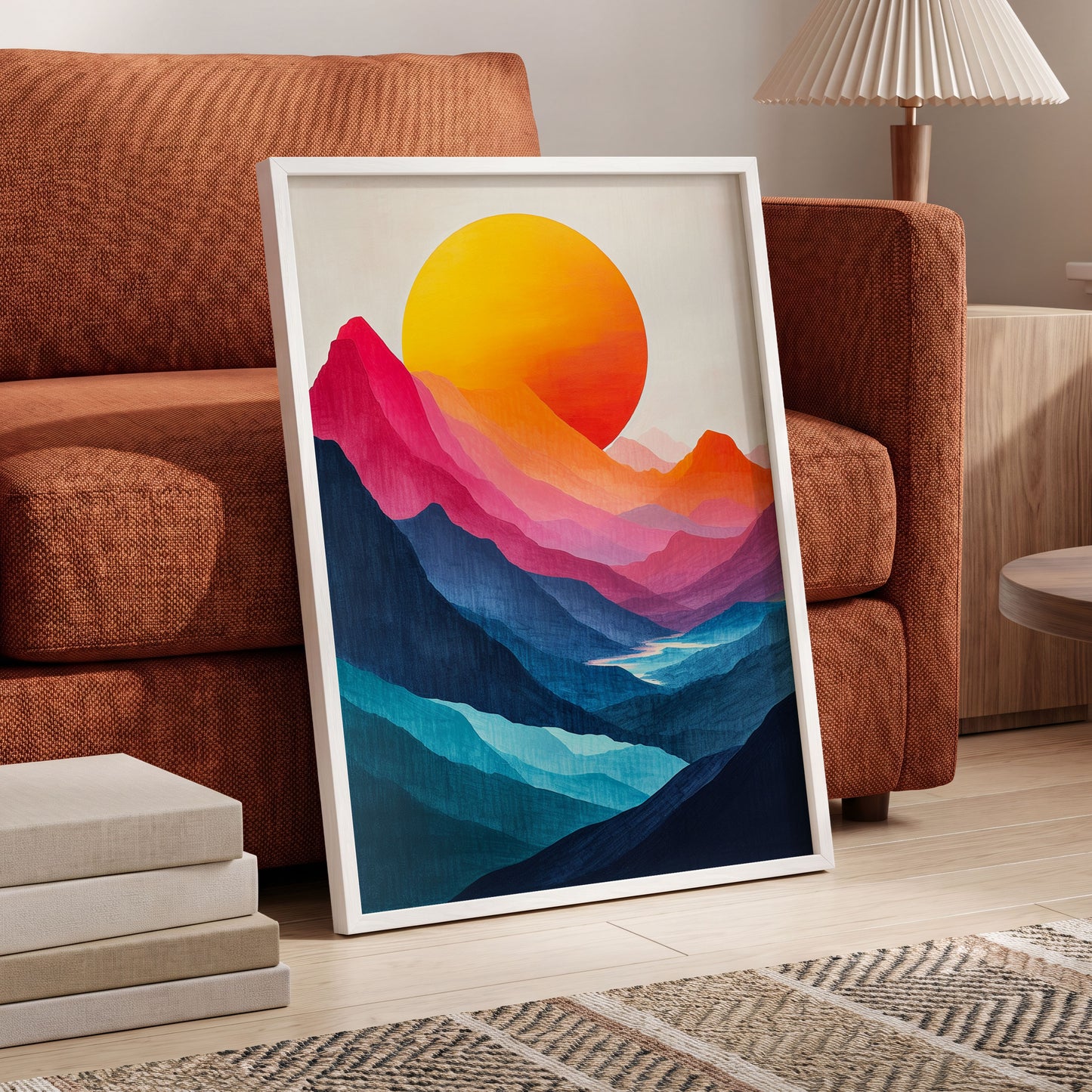 Chromatic Mountain Sun, blue, pink, orange nature wall art displayed in a styled interior, gallery view 6