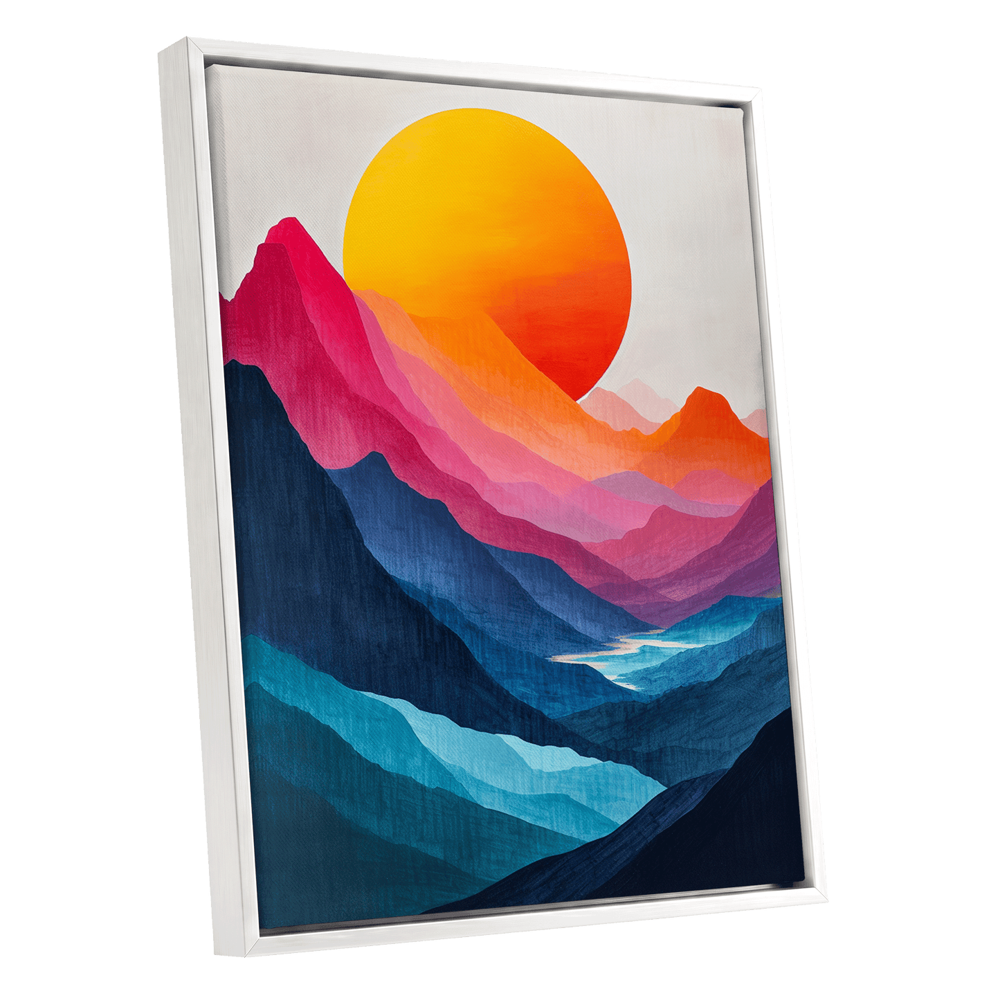 Chromatic Mountain Sun, blue, pink, orange nature wall art shown as a white framed canvas wall art