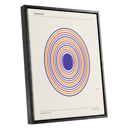 Chromatic Orbit, beige, purple, orange abstract wall art shown as a black framed canvas wall art
