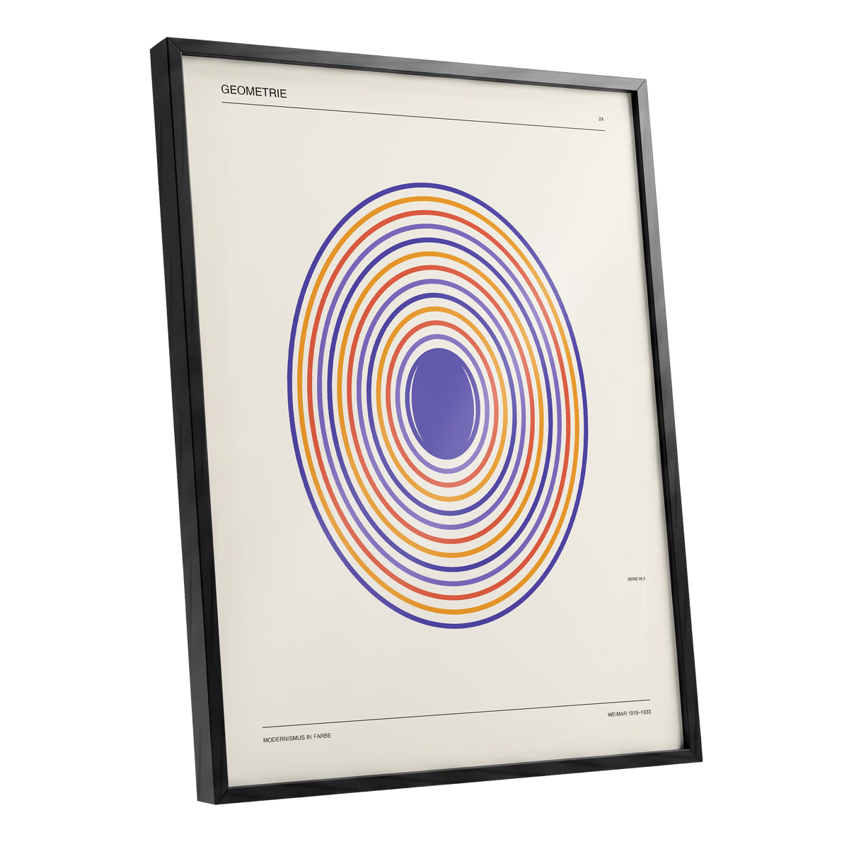 Chromatic Orbit, beige, purple, orange abstract wall art shown as a black framed poster wall art print